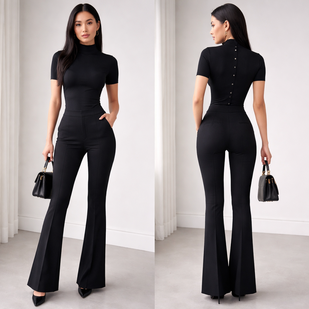 Black Japanese two piece set. small turtle neck for top with the back that has 4 buttons that create a tight chic look. Top is short sleeved and hugs the small waist. Top is not cropped. Pants tight tight fitted and have flare at bottom
Black Japanese two piece set. small turtle neck for top with the back that has 4 buttons that create a tight chic look. Top is short sleeved and hugs the small waist. Top is not cropped. Pants tight tight fitted and have flare at bottom, business style, show front and back