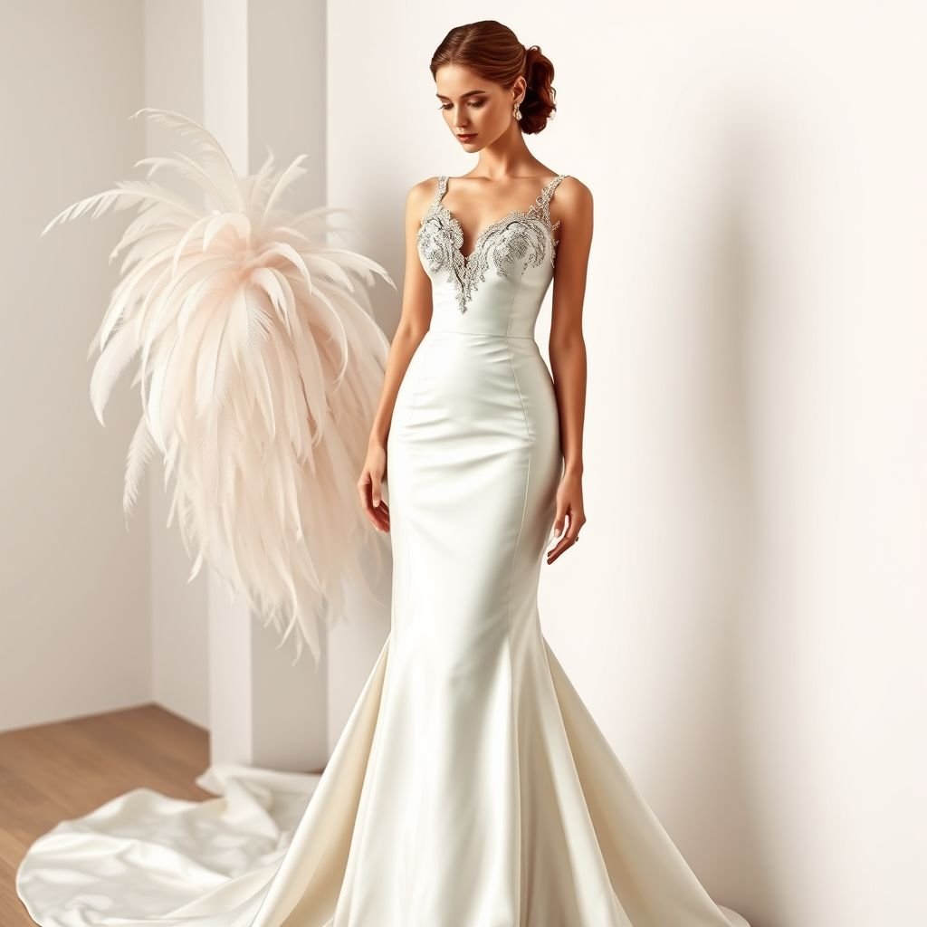 Unique big feathered wedding dress
Design an elegant wedding dress adorned with unique, oversized feathers cascading from the bodice to the floor-length train. Emphasize a fitted satin silhouette that accentuates the waist, paired with delicate lace detailing at the neckline. Incorporate a soft, ethereal color palette to enhance the overall graceful and sophisticated aesthetic.