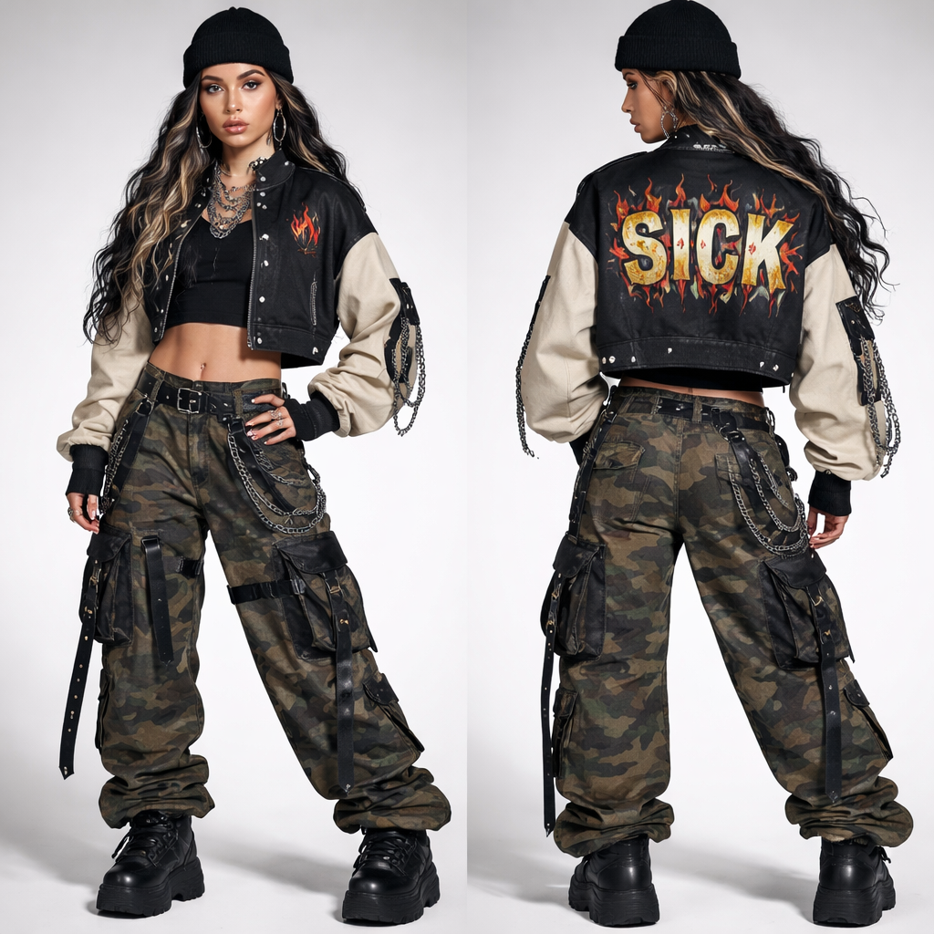 Sick streetwear, new fashion design for stylish women mixed edgy looks . Add Sick to back panels
Sick streetwear, new fashion design for stylish women mixed edgy looks . Add Sick to back panels, streetwear style, show front and back