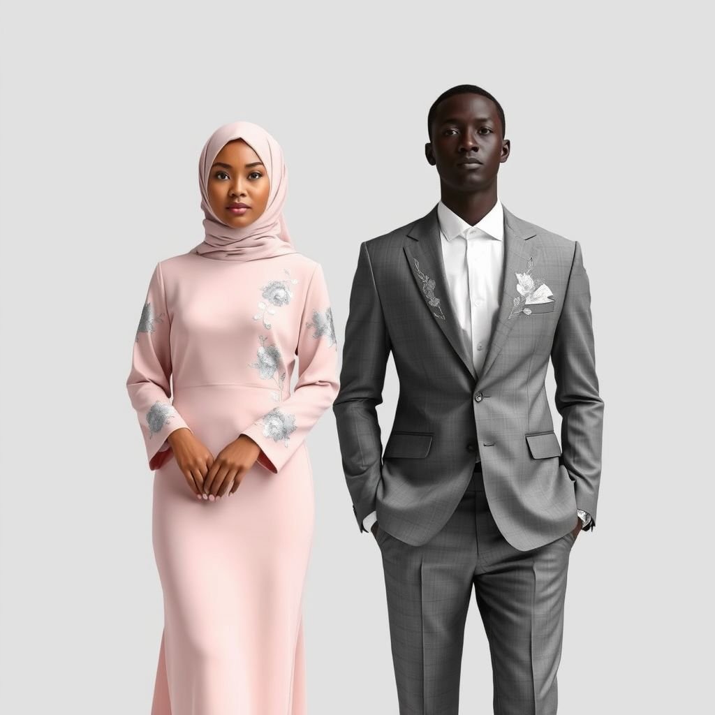 Couple outfits She: A blush-pink abaya, the silhouette streamlined. Adorned with delicate silver thread, the embroidery a modern floral motif. Placement: sleeves and hem, for understated elegance. He: A tailored gray suit, the cut contemporary. Embellished with subtle silver embroidery, mirroring her design on the lapel.
Envision a sophisticated couple's ensemble: She dons a blush-pink abaya, streamlined with an elegant silhouette and modern floral embroidery in silver, gracefully accentuating the sleeves and hem. He complements her in a contemporary gray suit, impeccably tailored, featuring subtle silver lapel embroidery reflecting her floral patterns, exuding unity and refined style.