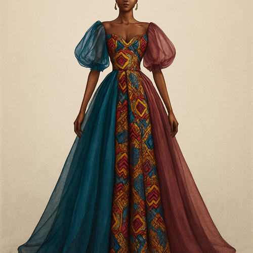 Create a gown that's first of its kind, featuring a unique design that made of colorful Ankara with two tone organza fabric that classy and have a sophisticated vibe. I'd like three designs, each showcasing different styles and designs which will 
Incorporate high-end, unique chic designs 