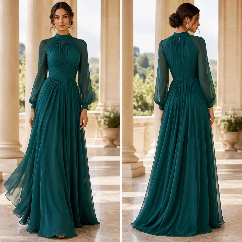 A Female Dress design, with a light, flowing drape, with a Fitted silhouette, with modest, full coverage: longer hemlines, higher necklines and covered shoulders, in a Jewel Tones color palette, for Formal, suitable for Summer, suited to a Temperate climate, in Glamorous style, shown on a model with medium skin tone and a slim figure Present it as professional fashion catalogue photography: the garment is the subject, shown full-length with editorial styling, neutral posing and tasteful, non-suggestive framing.
photorealistic fashion design, A Female Dress design, with a light, flowing drape, with a Fitted silhouette, with modest, full coverage: longer hemlines, higher necklines and covered shoulders, in a Jewel Tones color palette, for Formal, suitable for Summer, suited to a Temperate climate, in Glamorous style, shown on a model with medium skin tone and a slim figure Present it as professional fashion catalogue photography: the garment is the subject, shown full-length with editorial styling, neutral posing and tasteful, non-suggestive framing., glamorous style, just the design no text, show front and back