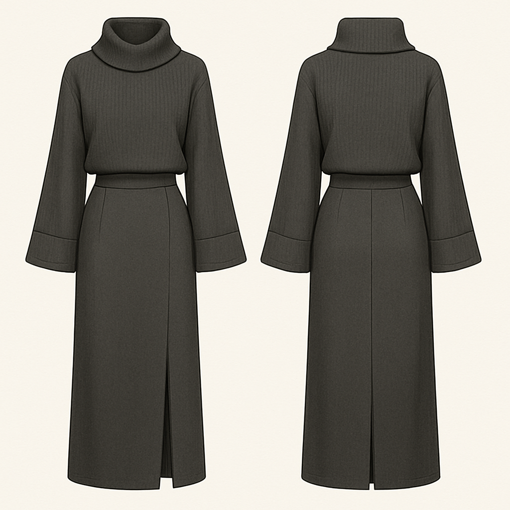 A dress with a sweater like hanging neck wide end of sleeves a hanging design waist long skirt part with split 

A dress with a sweater like hanging neck wide end of sleeves a hanging design waist long skirt part with split , business style, show front and back