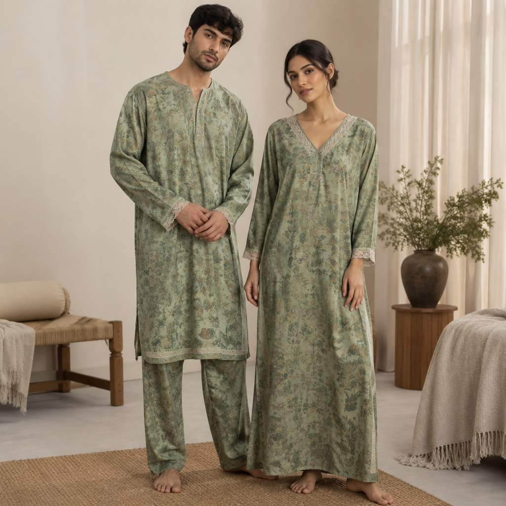 A Unisex Dress design, suitable for Fall. I want a night suit the fabric should be printed pashmina in colour sage green and around its necak and the end of the sleeves it have lace. India fashion aesthetics. Present it as professional fashion catalogue photography: the garment is the subject, shown full-length with editorial styling, neutral posing and tasteful, non-suggestive framing.
photorealistic fashion design, A Unisex Dress design, suitable for Fall. I want a night suit the fabric should be printed pashmina in colour sage green and around its necak and the end of the sleeves it have lace. India fashion aesthetics. Present it as professional fashion catalogue photography: the garment is the subject, shown full-length with editorial styling, neutral posing and tasteful, non-suggestive framing., just the design no text