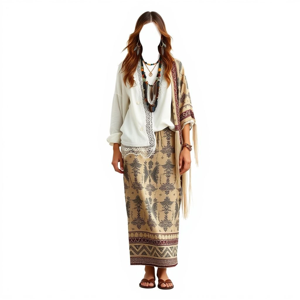 Cotton summer Resort pencil skirt clean shiv and shirt and wear style channel chic comfy
Design a boho-chic resort wear ensemble featuring a flowing cotton pencil skirt adorned with intricate tribal patterns. Pair it with a relaxed, oversized white shirt, slightly tucked, showcasing delicate lace trim. Layer with a lightweight fringe shawl, and accessorize with chunky bead and feather jewelry to evoke a carefree, artistic vibe.