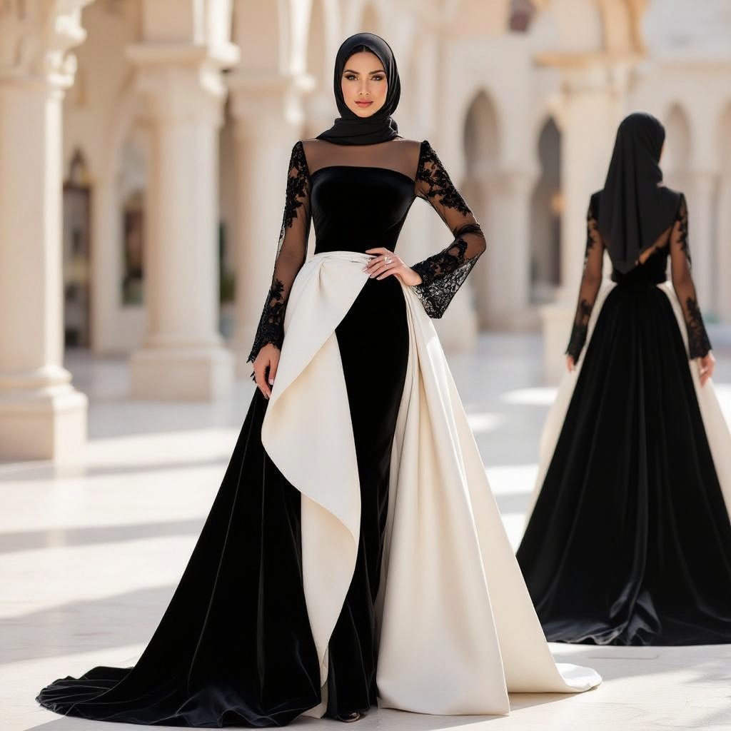 A Muslim bride wearing a black fitted gown with a dramatic over skirt and long modest sleeves
A Muslim bride wearing a black velvet fitted gown with a dramatic satin overskirt and long, modest lace sleeves.