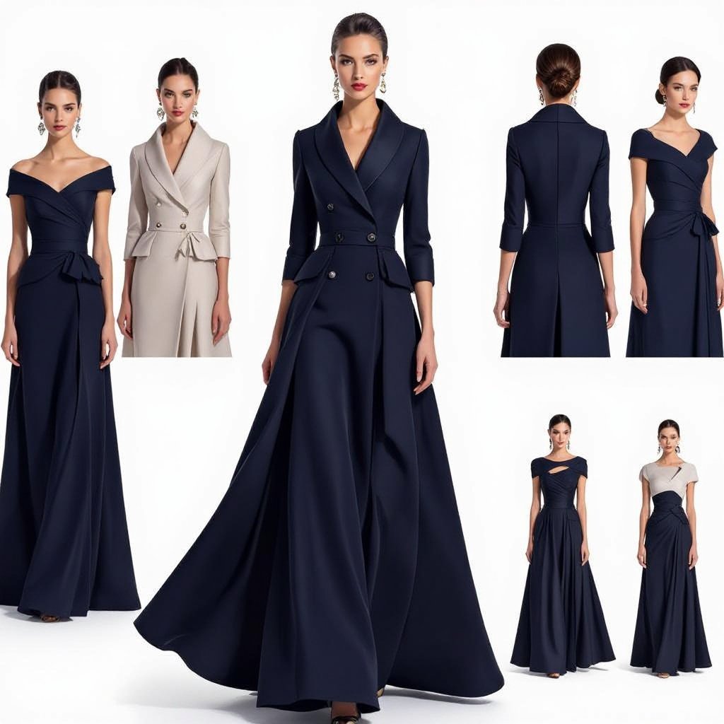 Design a double breasted dress with a shawl collar and 3/4 sleeves
Formal fashion: Design a formal double-breasted dress. It has a shawl collar, 3/4 sleeves, a fitted bodice, a flowing A-line skirt, and a floor-length hem. The fabric is silk.