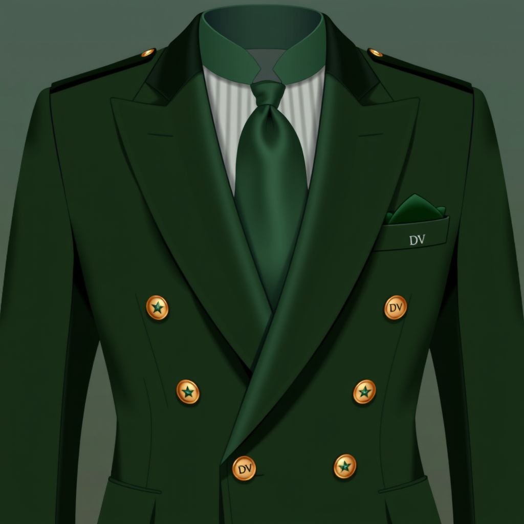 double breasted men church suit, with DV on the cuff of sleeve. The suit color can be forest green
Design a sophisticated double-breasted men's church suit in a rich forest green, inspired by military tailoring. Incorporate sharp, structured shoulders and brass buttons for a commanding look. Highlight DV embroidered on the cuff, symbolizing valor. Add an elegant, satin lapel for a refined twist, merging authority with style for formal occasions.