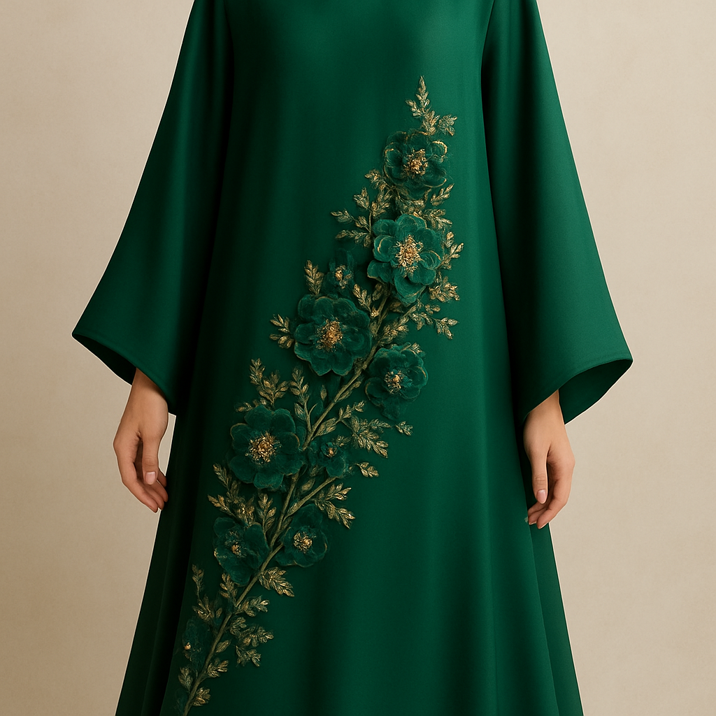 Create me an abaya based on these descriptions.             The Emerald Garden Abaya
Tone: Rich Emerald Green
Design:
Couture floral appliqués in emerald and gold, softly arranged diagonally from waist to hem.
Embellishment:
Hand-set gold crystals and glass beads woven within the flowers.
Vibe:
Regal, graceful, soft shine.

Create me an abaya based on these descriptions.             The Emerald Garden Abaya
Tone: Rich Emerald Green
Design:
Couture floral appliqués in emerald and gold, softly arranged diagonally from waist to hem.
Embellishment:
Hand-set gold crystals and glass beads woven within the flowers.
Vibe:
Regal, graceful, soft shine.