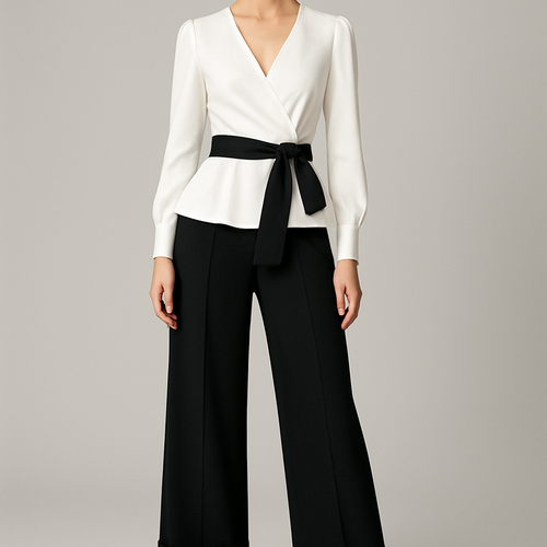 White / Black work blouse jumper v neck belt around the waist and wide legs pants with belts scrap around the ankles part
