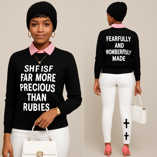Black woman 
Pixie cut 
Black beanie 
Pink collared shirt 
Black sweater shirt says she far more precious than rubies in white 
On the back it says fearfully and wonderfully made in white 
Tight White pants with 3 black crosses on them 
Pink heels 
White purse 
Gold jewelry 

