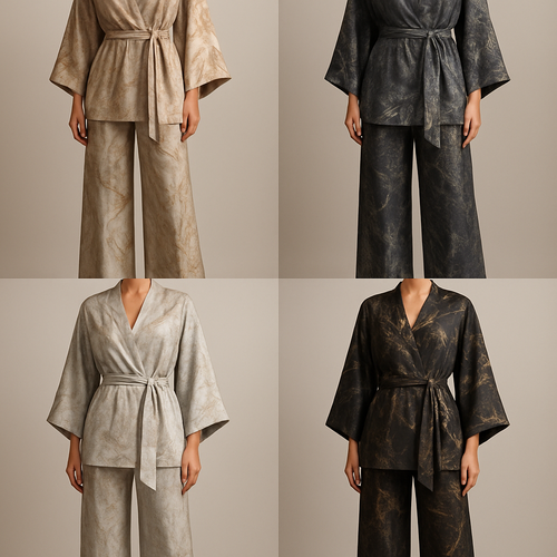 Create a modest two piece loose pant and kimono , first of its kind, featuring a unique stone design that exudes a classy and sophisticated vibe. I'd like four designs, each showcasing different styles and fabrics. Incorporate high-end, unique chic stone designs to make them truly special. Add little sophisticated stone designs. Make it irresistible!