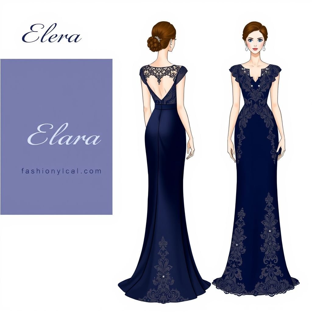 Elara
Design an elegant evening gown named "Elara," featuring a timeless silhouette with a fitted bodice and a flowing A-line skirt. Utilize sumptuous silk in deep navy, adorned with intricate lace detailing and vintage pearl embellishments. Accent with delicate cap sleeves and a cinched waist for that quintessential classic allure.