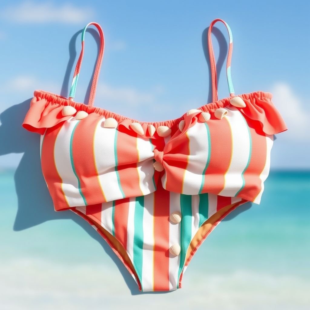 Two pieces swimwear with thin stripes -inspired by leoni the influencer
Design a chic two-piece swimwear set featuring delicate, thin stripes reminiscent of sun-kissed sandy shores. Incorporate vibrant colors like aqua and coral, and adorn the fabric with subtle seashell motifs. Include adjustable straps and a high-waisted bottom for a flattering silhouette, capturing Leoni’s effortless beachy vibe while embracing playful elegance.