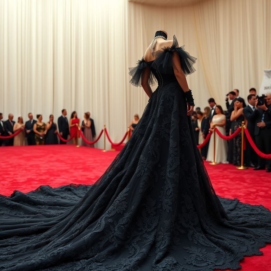 A 450 meter black off shoulder dress on met gala background
Envision a stunning 450-meter black off-shoulder gown, cascading like a midnight waterfall. Intricate lace appliqués glimmer like stars, while a dramatic train sweeps across the Met Gala's opulent red carpet. Embellished with silver beading and a sharp, structured bodice, this ethereal design embodies a fusion of haute couture and gothic elegance.