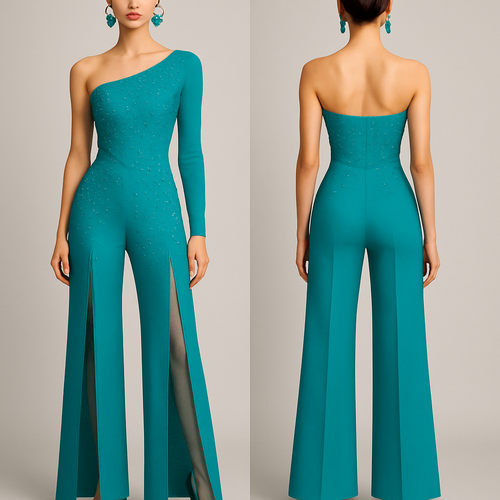 Neon teal tappered-leg jumpsuit that extra tall in the pants with a split up both sides on the jumpsuit with mesh and a ones sided off the shoulder (shoulder showing)with one arm sleeve neckline. The waist line has a side V shape. The jumpsuit has teal pearls and teal rhinestones scattered all inter the front on the jumpsuit. Matching teal closed toe pointy heals that are 5inches tall with a closed back that has a bow on the heal. 

Teal bow earrings with teal pearls and teal rhinestones 
