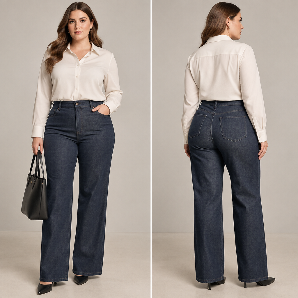 A Female Pants design, made of Denim, with a sleek, smooth finish, with a Tailored silhouette, with modest, full coverage: longer hemlines, higher necklines and covered shoulders, in a Monochrome color palette, for Work, suitable for Summer, suited to a Temperate climate, in Business style, shown on a model with fair skin and a curvy figure Present it as professional fashion catalogue photography: the garment is the subject, shown full-length with editorial styling, neutral posing and tasteful, non-suggestive framing.
photorealistic fashion design, A Female Pants design, made of Denim, with a sleek, smooth finish, with a Tailored silhouette, with modest, full coverage: longer hemlines, higher necklines and covered shoulders, in a Monochrome color palette, for Work, suitable for Summer, suited to a Temperate climate, in Business style, shown on a model with fair skin and a curvy figure Present it as professional fashion catalogue photography: the garment is the subject, shown full-length with editorial styling, neutral posing and tasteful, non-suggestive framing., business style, just the design no text