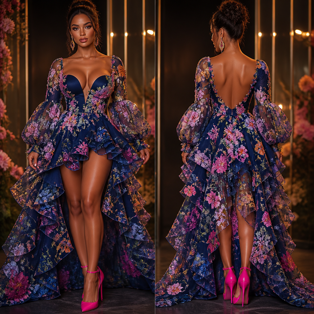 Birthday outfit, lights, and dark blue kind of a mix of flowers of all colors with gorgeous, hot pink high heels
photorealistic fashion design, Birthday outfit, lights, and dark blue kind of a mix of flowers of all colors with gorgeous, hot pink high heels, just the design no text, show front and back