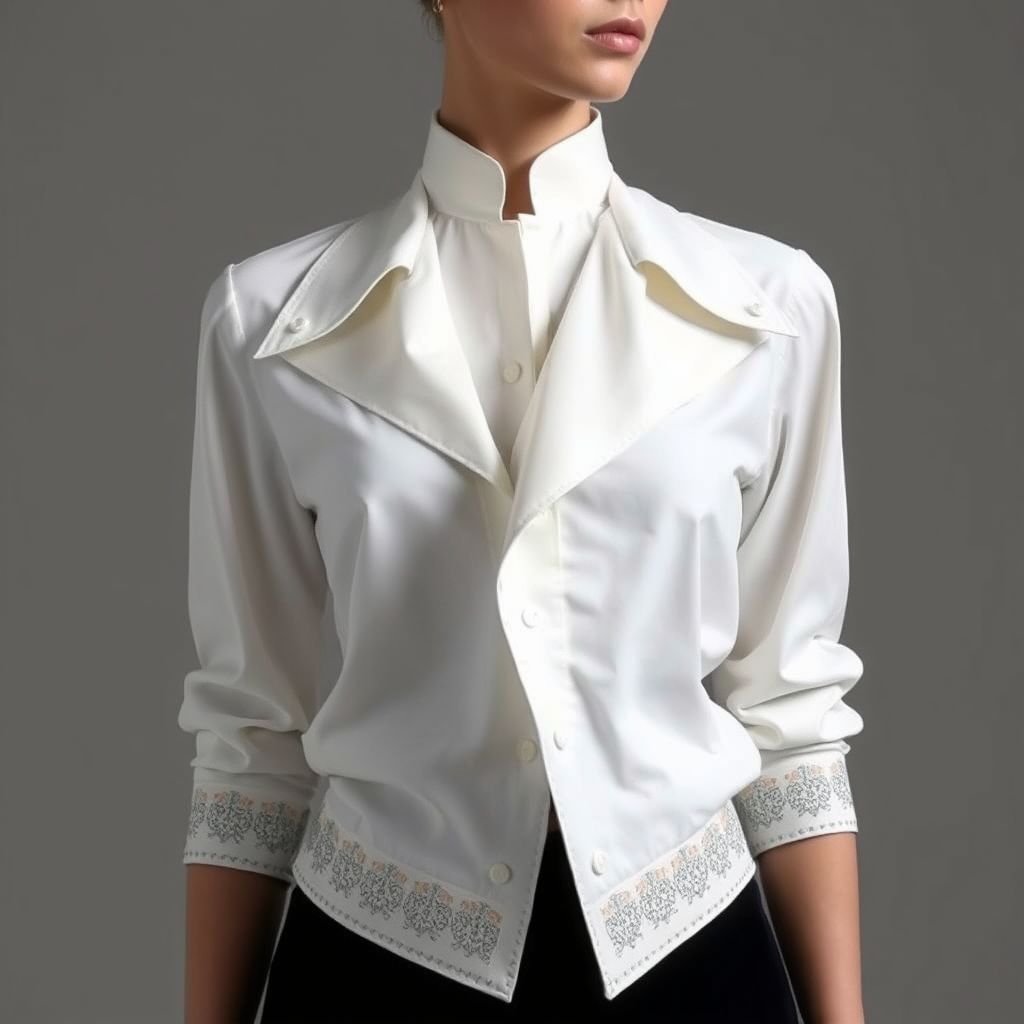 shirt with Mao collar is composed of two asymmetrical flaps. In white poplin
Design a striking white poplin shirt featuring a unique Mao collar, adorned with two dramatically asymmetrical flaps that cascade gracefully down the front. The shirt's silhouette is tailored for a modern aesthetic, blending classic elegance with avant-garde flair. Complement with intricate embroidered patterns along the edges for added texture and sophistication.