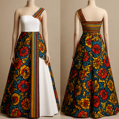 A gorgeous gown made in Ankara and striped aso oke with colorful beads as the trape on the shoulder, tights fitted at the upper bust, mixed white fabric and aso oke at the lower bodice 