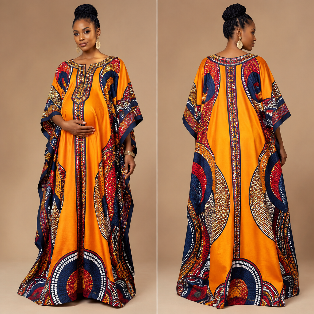A Female Kaftan design, in Classic style. pregnancy bright colors unique design African. Kenya fashion aesthetics. Present it as professional fashion catalogue photography: the garment is the subject, shown full-length with editorial styling, neutral posing and tasteful, non-suggestive framing.
photorealistic fashion design, A Female Kaftan design, in Classic style. pregnancy bright colors unique design African. Kenya fashion aesthetics. Present it as professional fashion catalogue photography: the garment is the subject, shown full-length with editorial styling, neutral posing and tasteful, non-suggestive framing., classic style, just the design no text