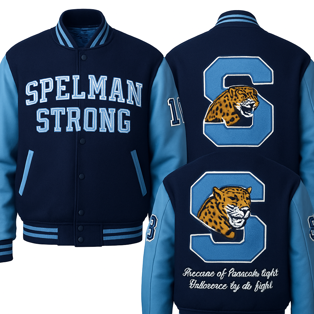 Bomber jacket Embroidery & Patch Placement

Back Design
	•	Replace the octagonal emblem with a large, bold letter “S” in Pantone 283U, centered on the jacket back.
	•	The Spelman Jaguar mascot should be positioned seated or centered over the “S”, combining tradition and contemporary collegiate style.
	•	Use one of the following edge finishes for the embroidered patch:
	•	Merrowed Edge: A standard overlocked border that prevents fraying, creating a soft, rounded, dimensional edge.
	•	Satin Stitch Border: A smooth satin-stitched border providing a polished, clean look ideal for simple shapes or lettering edges.

Front Design
SPELMAN STRONG embroidery across the chest, using two-tone thread:

Pantone 283U fill with a Pantone 2748U outline for depth and boldness.

Embroidery should have a raised stitch for a premium, collegiate feel.

Sleeves
Maintain the varsity-style 18 upper right arm and 81 upper left arm
numbering in Pantone 2748U, outlined in white thread collegiate block lettering 

Thread: White polyester embroidery thread

Font: Cursive script, elegant serif-inspired

Size: Proportionate to sleeve width, not exceeding 1 inch in letter height

Materials & Finishing Details

Body Fabric: Premium wool-blend in Pantone 2748U navy

Sleeves: Genuine or synthetic leather in Pantone 283U light blue

Lining: Quilted satin interior, color-matched to Pantone 283U

Ribbing: Dual-tone ribbed cuffs, collar, and waistband (Pantone 2748U base with Pantone 283U accent stripes)

Buttons: Matte-finish, navy-coated metal snaps

Embroidery Threads: 100% polyester, colorfast, Pantone-matched for fade resistance

Patch Finish: All embroidered patches should feature either Merrowed or Satin Stitch borders

Lettering Texture: Raised satin fill for “SPELMAN STRONG,” “1881,” and the Jaguar emblem to maintain tactile depth

Back of jacket use the Spelman College Jaguar mascot on top of a big letter S encircling the jaguar and S on the back with the following line in elegant script:
Beacons of heavenly light Undaunted by the fight.”

Bomber jacket Embroidery & Patch Placement

Back Design
	•	Replace the octagonal emblem with a large, bold letter “S” in Pantone 283U, centered on the jacket back.
	•	The Spelman Jaguar mascot should be positioned seated or centered over the “S”, combining tradition and contemporary collegiate style.
	•	Use one of the following edge finishes for the embroidered patch:
	•	Merrowed Edge: A standard overlocked border that prevents fraying, creating a soft, rounded, dimensional edge.
	•	Satin Stitch Border: A smooth satin-stitched border providing a polished, clean look ideal for simple shapes or lettering edges.

Front Design
SPELMAN STRONG embroidery across the chest, using two-tone thread:

Pantone 283U fill with a Pantone 2748U outline for depth and boldness.

Embroidery should have a raised stitch for a premium, collegiate feel.

Sleeves
Maintain the varsity-style 18 upper right arm and 81 upper left arm
numbering in Pantone 2748U, outlined in white thread collegiate block lettering 

Thread: White polyester embroidery thread

Font: Cursive script, elegant serif-inspired

Size: Proportionate to sleeve width, not exceeding 1 inch in letter height

Materials & Finishing Details

Body Fabric: Premium wool-blend in Pantone 2748U navy

Sleeves: Genuine or synthetic leather in Pantone 283U light blue

Lining: Quilted satin interior, color-matched to Pantone 283U

Ribbing: Dual-tone ribbed cuffs, collar, and waistband (Pantone 2748U base with Pantone 283U accent stripes)

Buttons: Matte-finish, navy-coated metal snaps

Embroidery Threads: 100% polyester, colorfast, Pantone-matched for fade resistance

Patch Finish: All embroidered patches should feature either Merrowed or Satin Stitch borders

Lettering Texture: Raised satin fill for “SPELMAN STRONG,” “1881,” and the Jaguar emblem to maintain tactile depth

Back of jacket use the Spelman College Jaguar mascot on top of a big letter S encircling the jaguar and S on the back with the following line in elegant script:
Beacons of heavenly light Undaunted by the fight.”, sporty style, show front and back