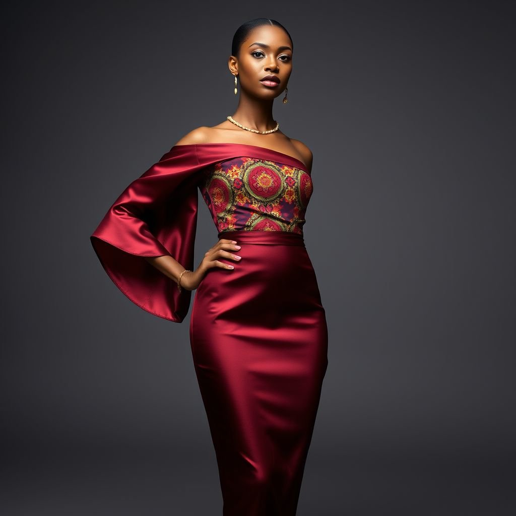 Off-Shoulder or One-Shoulder Fitted Dress • Fabrics: • A silk or satin blend would give the dress a smooth, luxurious feel. • Venda prints can be used for the bodice or sleeve detailing, with subtle contrast to the fitted silhouette.
Imagine an off-shoulder fitted dress crafted from a rich silk-satin blend, draping elegantly around the body. The bodice features intricate Venda prints, adding vibrant cultural flair, while the one-shoulder sleeve flows gracefully, accentuating the neckline. Accentuate with luxurious gold accessories and strappy heels for a show-stopping evening look.