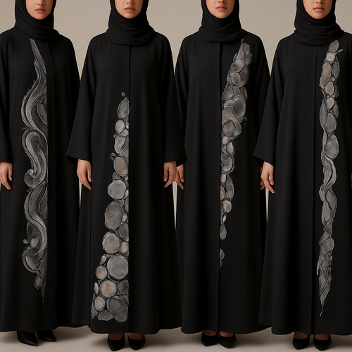 Create a modest abaya that's the first of its kind, featuring a unique stone design that exudes a classy and sophisticated vibe. I'd like four designs, each showcasing different styles and fabrics.
Incorporate high-end, unique chic stone designs to make them truly special. Add a little sophisticated stone work to it.