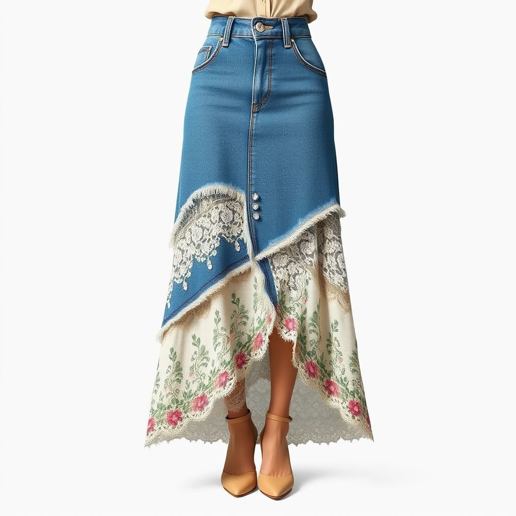 Rhinestones on a asymmetrical long Jean skirt design
Create a vintage-inspired asymmetrical long jean skirt adorned with shimmering rhinestones. Emphasize the classic 70s denim silhouette with frayed edges and a high waist. Incorporate intricate lace panels and a whimsical floral print along the hem, evocative of retro charm. Pair with a fitted vintage blouse for a timeless ensemble.