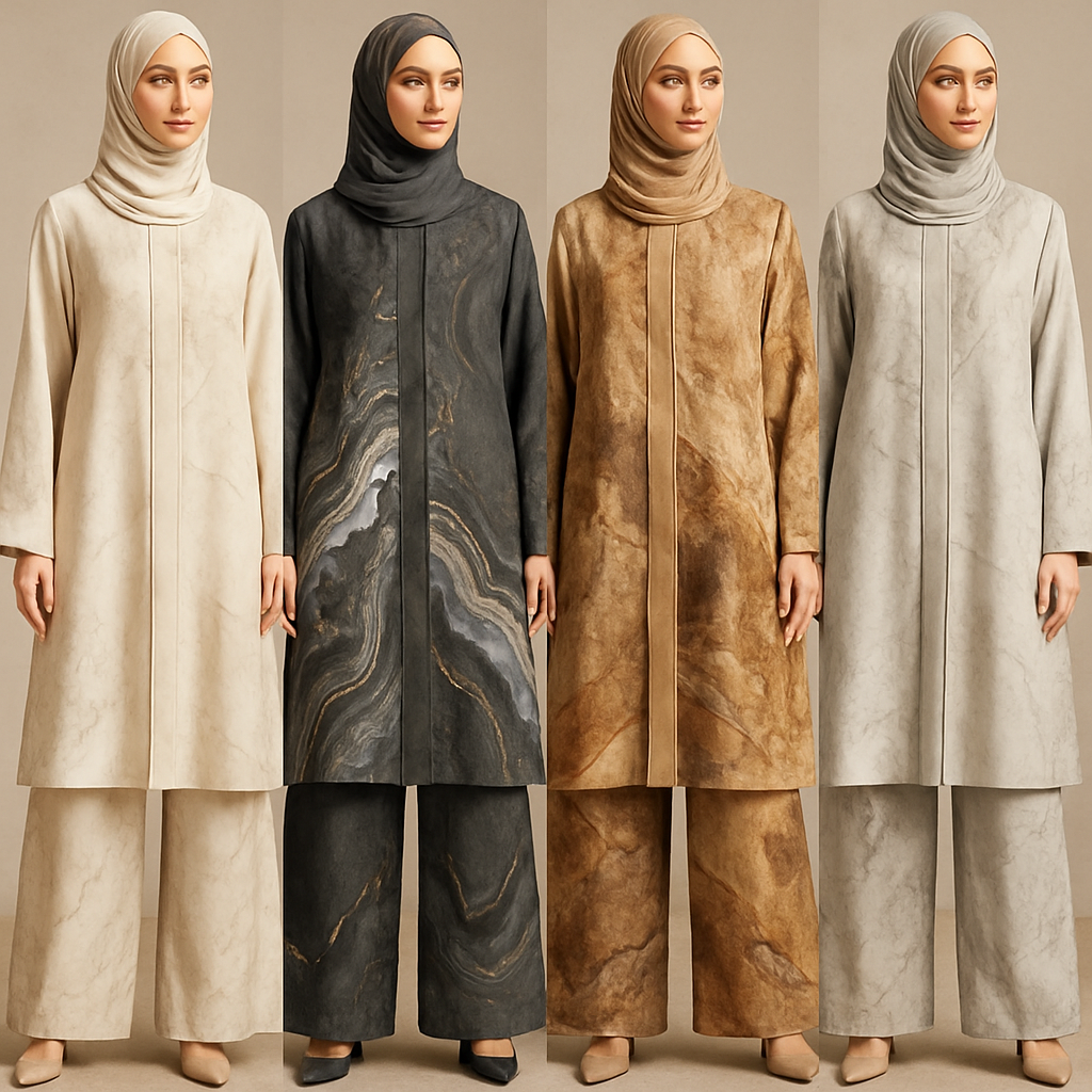 Create a modest abaya and loose pant, first of its kind, featuring a unique stone design that exudes a classy and sophisticated vibe. I'd like four designs, each showcasing different styles and fabrics. Incorporate high-end, unique chic stone designs to make them truly special. Add little sophisticated stone designs. Make it irresistible!

Create a modest abaya and loose pant, first of its kind, featuring a unique stone design that exudes a classy and sophisticated vibe. I'd like four designs, each showcasing different styles and fabrics. Incorporate high-end, unique chic stone designs to make them truly special. Add little sophisticated stone designs. Make it irresistible!