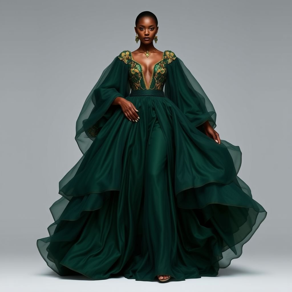 Create a woman’s kaftan that would wow. Add layers of fabric to create a big skirt but also add structure by ruching the waist. Give it a low neckline, and a monochrome hunter green color. Add details of ruched tulle and an accent of 6 inches ab crystals on a gold and green base to create a luxurious detail to the dress. The base fabric is duchess satin in hunter green
Design a breathtaking women’s kaftan inspired by Afrofuturism, combining traditional elegance with futuristic flair. The flowing, voluminous skirt features layers of sumptuous duchess satin in deep hunter green, structured by a ruched waist. A plunging neckline showcases the décolletage, while cascading ruched tulle and radiant 6-inch crystal accents gleam against gold-green embellishments, embodying a luxurious fusion of heritage and innovation.