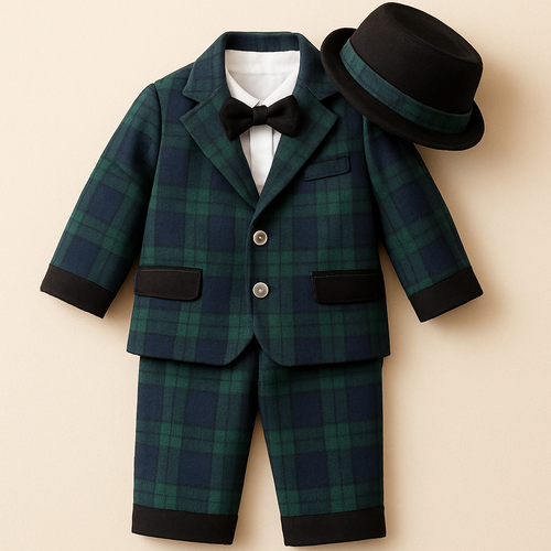 Baby suits of boy one-year-old
チェック模様、緑と紺上下セットアップ
ポケットを黒に
裾口と袖口を数センチ黒色に
スーツのボタンは二つで模様なしのシルバー
（光沢あり）
スーツの下のワイシャツは白
蝶ネクタイは黒
黒のハット、ハットのリボンの部分にスーツと同じチェック模様のベルトを巻いて