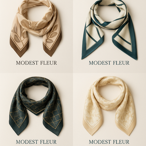 Create me different designs of scarves first In the world by making them unique and chic sophisticated for my brand "Modest Fleur