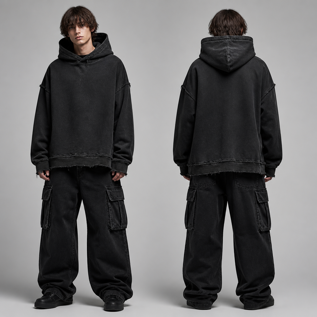 Create a premium skater streetwear outfit with a relaxed oversized silhouette. Use a washed black color palette throughout the entire outfit. The top should be an oversized hoodie featuring distressed raw-edge details along the hem, sleeve cuffs, shoulder seams, and neckline for a naturally worn vintage look. The hood should be large and structured. Pair it with oversized black cargo pants featuring multiple functional cargo pockets, loose straight-leg construction, subtle washed fading, and a baggy skater fit. The fabric should appear heavyweight cotton with a premium texture. The overall aesthetic should be clean, minimalist, modern skater fashion with luxury streetwear influence. Studio lighting, high-quality fashion mockup, realistic fabric folds, no logos, no text, no accessories, full-body front and back views.
photorealistic fashion design, Create a premium skater streetwear outfit with a relaxed oversized silhouette. Use a washed black color palette throughout the entire outfit. The top should be an oversized hoodie featuring distressed raw-edge details along the hem, sleeve cuffs, shoulder seams, and neckline for a naturally worn vintage look. The hood should be large and structured. Pair it with oversized black cargo pants featuring multiple functional cargo pockets, loose straight-leg construction, subtle washed fading, and a baggy skater fit. The fabric should appear heavyweight cotton with a premium texture. The overall aesthetic should be clean, minimalist, modern skater fashion with luxury streetwear influence. Studio lighting, high-quality fashion mockup, realistic fabric folds, no logos, no text, no accessories, full-body front and back views., skater style, just the design no text, show front and back