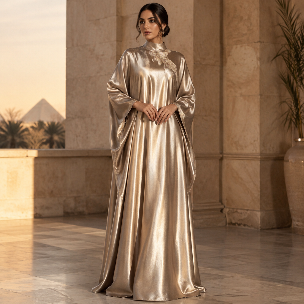 A Dress design, made of Satin, with a soft, cosy hand, with an Oversized silhouette, with modest, full coverage: longer hemlines, higher necklines and covered shoulders, in a Metallic color palette, for Party, suitable for Summer, suited to a Temperate climate, in Elegant style, shown on a model with medium skin tone and a petite figure. Egypt fashion aesthetics. Present it as professional fashion catalogue photography: the garment is the subject, shown full-length with editorial styling, neutral posing and tasteful, non-suggestive framing.
photorealistic fashion design, A Dress design, made of Satin, with a soft, cosy hand, with an Oversized silhouette, with modest, full coverage: longer hemlines, higher necklines and covered shoulders, in a Metallic color palette, for Party, suitable for Summer, suited to a Temperate climate, in Elegant style, shown on a model with medium skin tone and a petite figure. Egypt fashion aesthetics. Present it as professional fashion catalogue photography: the garment is the subject, shown full-length with editorial styling, neutral posing and tasteful, non-suggestive framing., elegant style, just the design no text