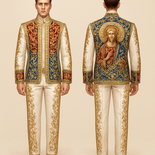 A male firmware in the colors of white gold red blue inspired by Catholic priest robe and da Vinci’s artwork jacket, and pants with elaborate embroidery using rhinestones liquid bead beating and beat