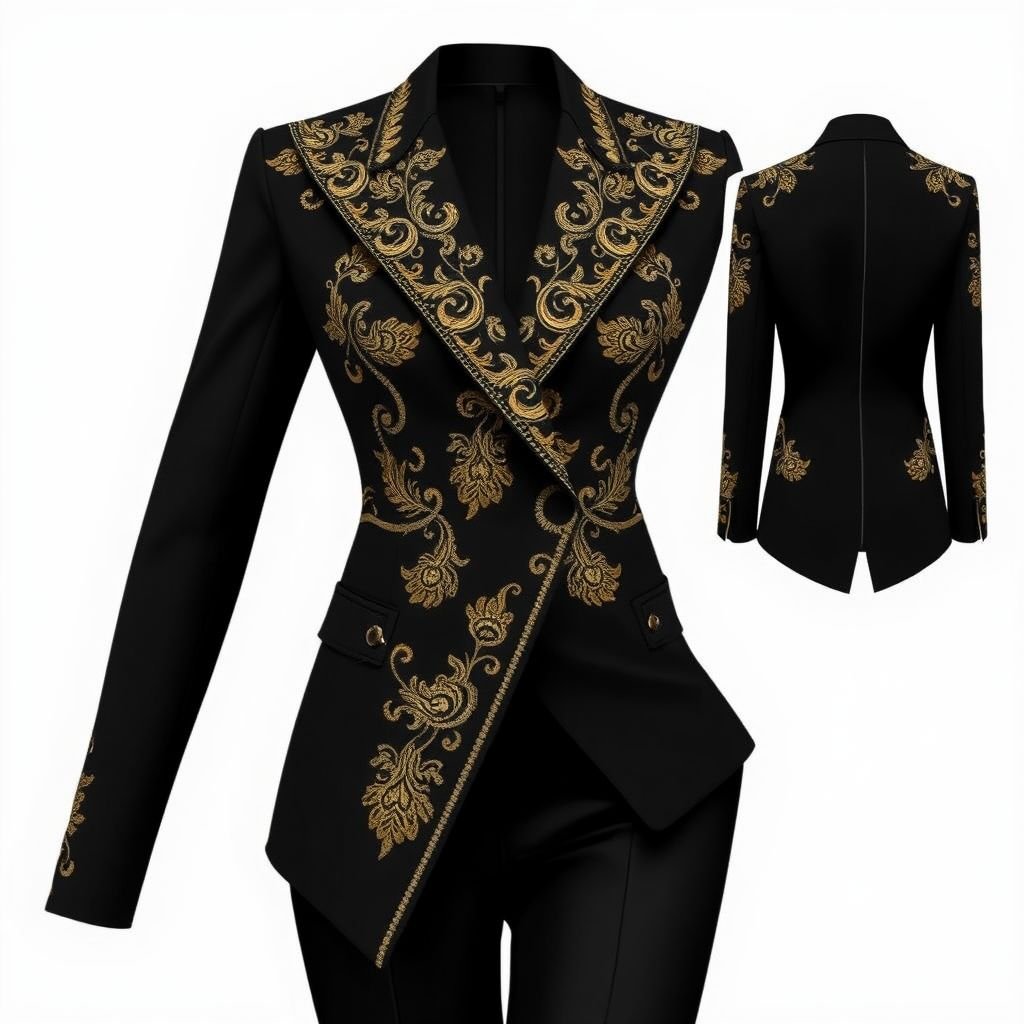 Black and gold suit jacket, edgy, stylish but classic suitable for a gala,
Envision a tailored black suit jacket adorned with intricate gold embroidery, combining modern sharp lines with vintage elegance. The lapels feature a dramatic asymmetrical cut, and subtle metallic threads catch the light. Paired with sleek black trousers, this edgy yet classic ensemble radiates sophistication, making it the ultimate statement for galas.