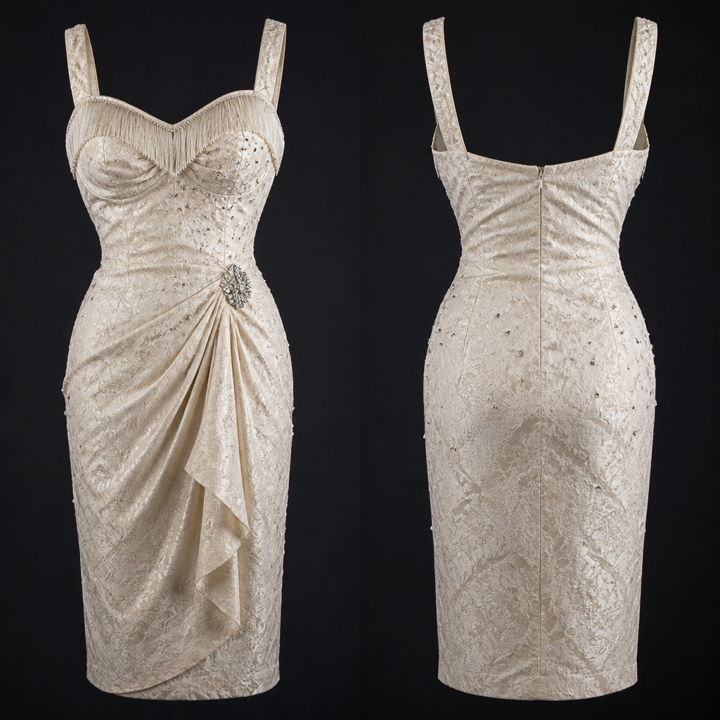 1940s ivory brocade sarong style dress fringe sweetheart neckline with straps and scattered rhinestone detail same as previous design but knee length.
photorealistic fashion design, 1940s ivory brocade sarong style dress fringe sweetheart neckline with straps and scattered rhinestone detail same as previous design but knee length. , just the design no text, show front and back