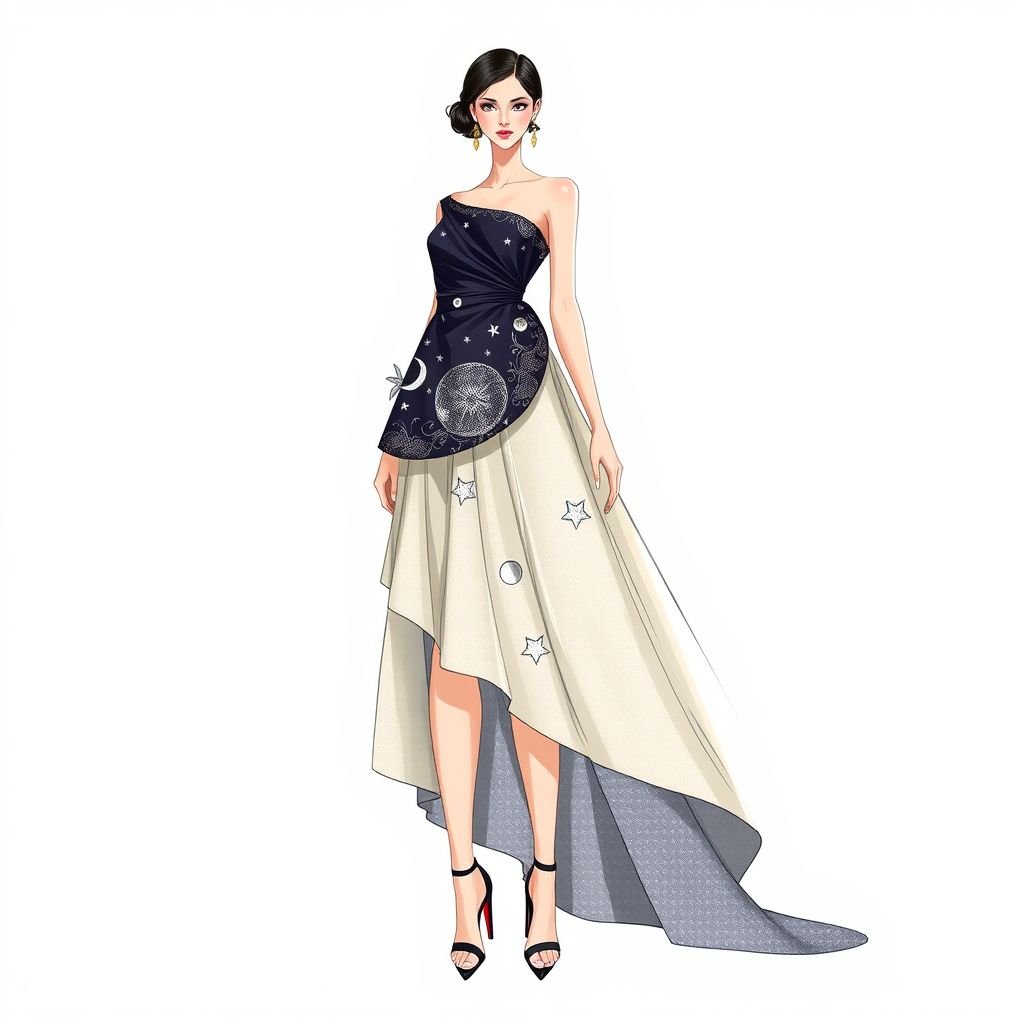 Luna Asymmetry” – One-shoulder with diagonal hem, elegant and unexpected.
"Luna Asymmetry" embodies modern elegance with a one-shoulder silhouette that features a dramatic diagonal hem cascading gracefully. The fabric boasts a shimmering moonlit sheen, adorned with intricate celestial embroidery of stars and moons. Accessorized with asymmetric earrings and sleek, strappy heels, this design captures the essence of chic mystique and effortless allure.