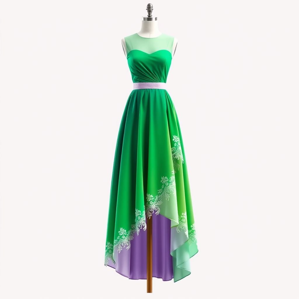 A line
Design a striking A-line dress that flows gracefully from a fitted bodice to a flared skirt. Incorporate a unique asymmetrical hem, with delicate lace detailing cascading along one side. Use a vibrant ombre color palette, transitioning from rich emerald green at the waist to a soft pastel lavender at the hem.