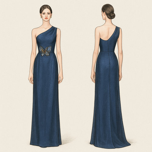 Evening gown with Straight Cut Dress, one shoulder, and butterfly in the waist area