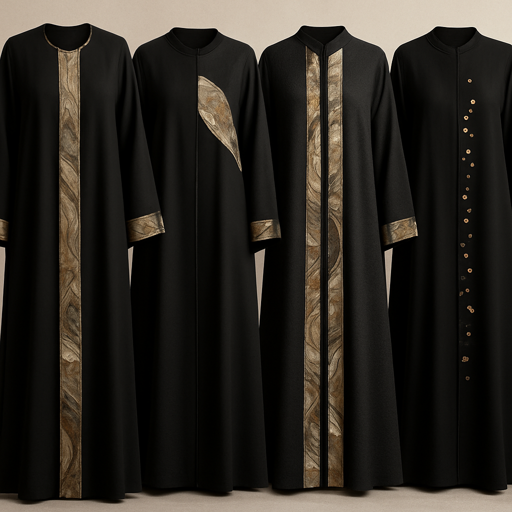 Create a modest abaya, first of its kind, featuring a unique stone design that exudes a classy and sophisticated vibe. I'd like four designs, each showcasing different styles and fabrics. Incorporate high-end, unique chic stone designs to make them truly special. Add little sophisticated stone designs. Make it irresistible for customers
Create a modest abaya, first of its kind, featuring a unique stone design that exudes a classy and sophisticated vibe. I'd like four designs, each showcasing different styles and fabrics. Incorporate high-end, unique chic stone designs to make them truly special. Add little sophisticated stone designs. Make it irresistible for customers