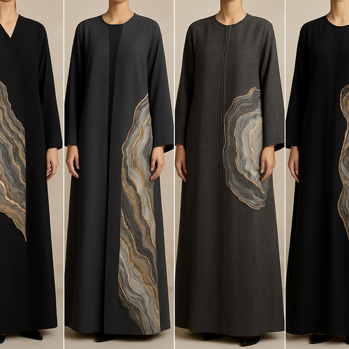 Create a modest abaya, first of its kind, featuring a unique stone design that exudes a classy and sophisticated vibe. I'd like four designs, each showcasing different styles and fabrics. Incorporate high-end, unique chic stone designs to make them truly special. Add little sophisticated stone designs. Make it irresistible with designs that stands out.