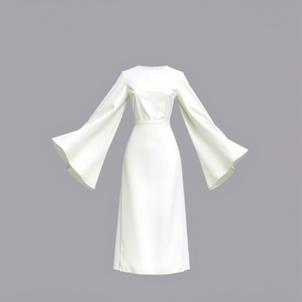 Short dress with long flared sleeves
Design a minimalist short dress featuring clean lines and a soft silhouette. The dress should have long, flared sleeves that elegantly cascade to create a sense of movement. Utilize a muted color palette of soft pastels or monochromatic shades, emphasizing simplicity and subtle sophistication while highlighting the beauty of minimalism.