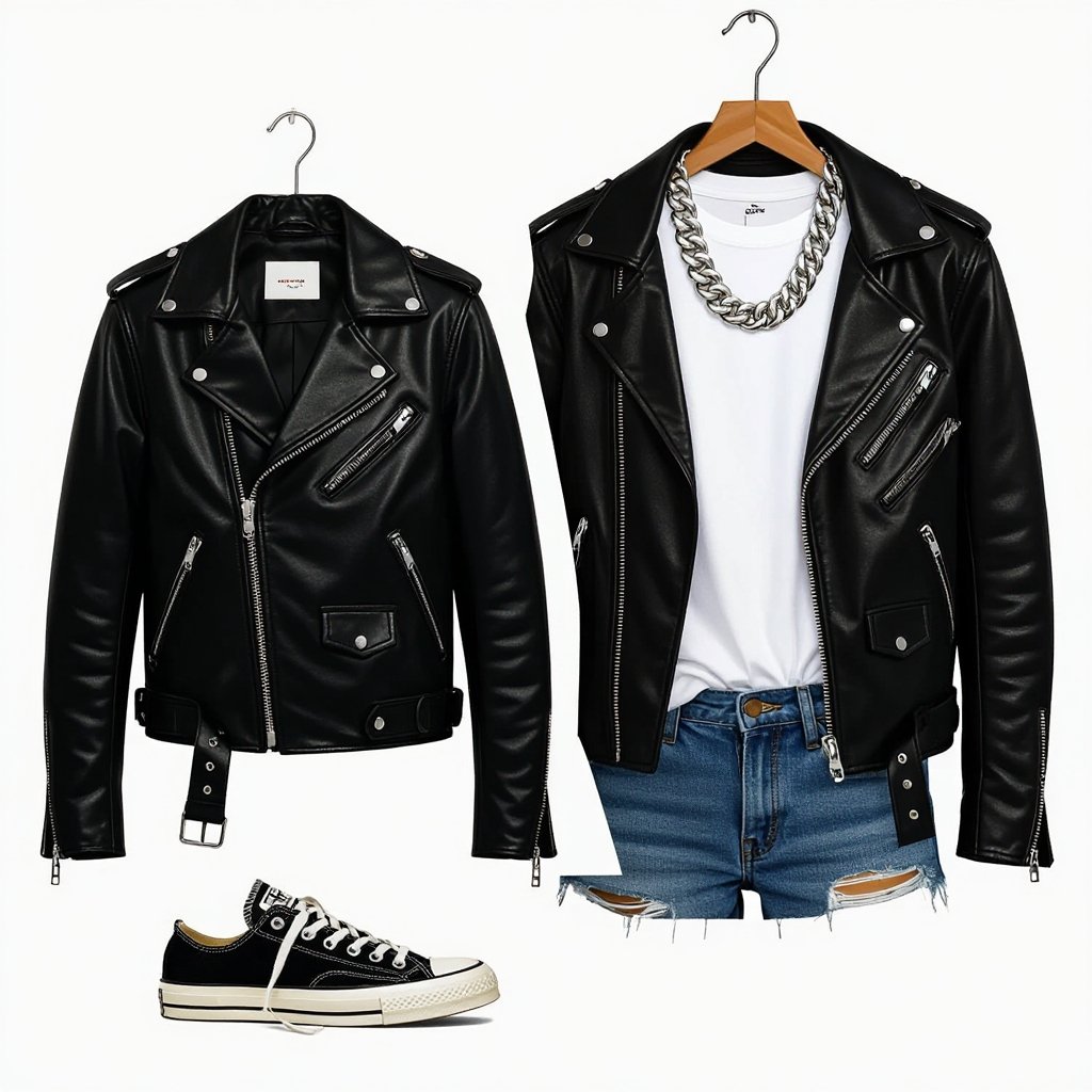Something like outcast brands
Vintage black leather biker jacket, distressed denim jeans, white cotton t-shirt, chunky silver chain necklace, and worn-out canvas sneakers for an outcast aesthetic.