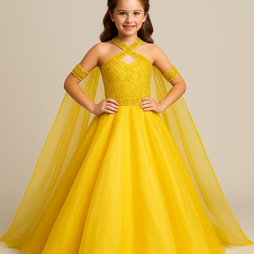 Preteen pageant girl yellow dress that has an Aline mixed with ball gown look. The bodice has yellow rhinestone beading with a sweetheart neckline that has straps that cross on the front and back to make it look like a halter. The hip line is a slanted thick hip line with full yellow rhinestone beading . The skirt of the dress is organza and hits the floor. 

The dress has arm cuffs on the upper arm with yellow rhinestone beading. Then the cape attaches at the back zipper of the dress and drapes in a “w” shape where it attacked on the back of the arm cuffs. The cape is organza fabric and hits down to the floor past the dress.

The back of the dress straps are Criss cross as well with full yellow rhinestones beading. 