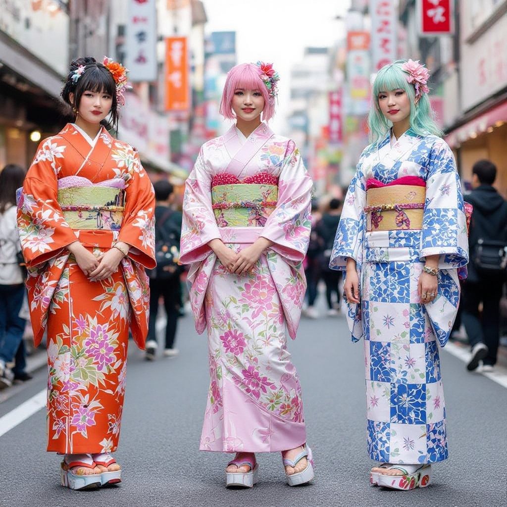 Oriental
Harajuku fashion: Oriental kimono, playful mismatched patterns, pastel hair, chunky platforms.