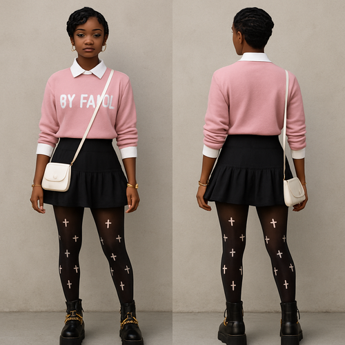 Black girl 
Finger waves 
White collared shirt 
Pick sweater shirt sleeves rolled it says 
By Faith in it 
Tight short ruffled black skirt
Black stockings with white crosses on them black platform boots with gold chains on them 
Gold jewelry 
White crossbody purse 
