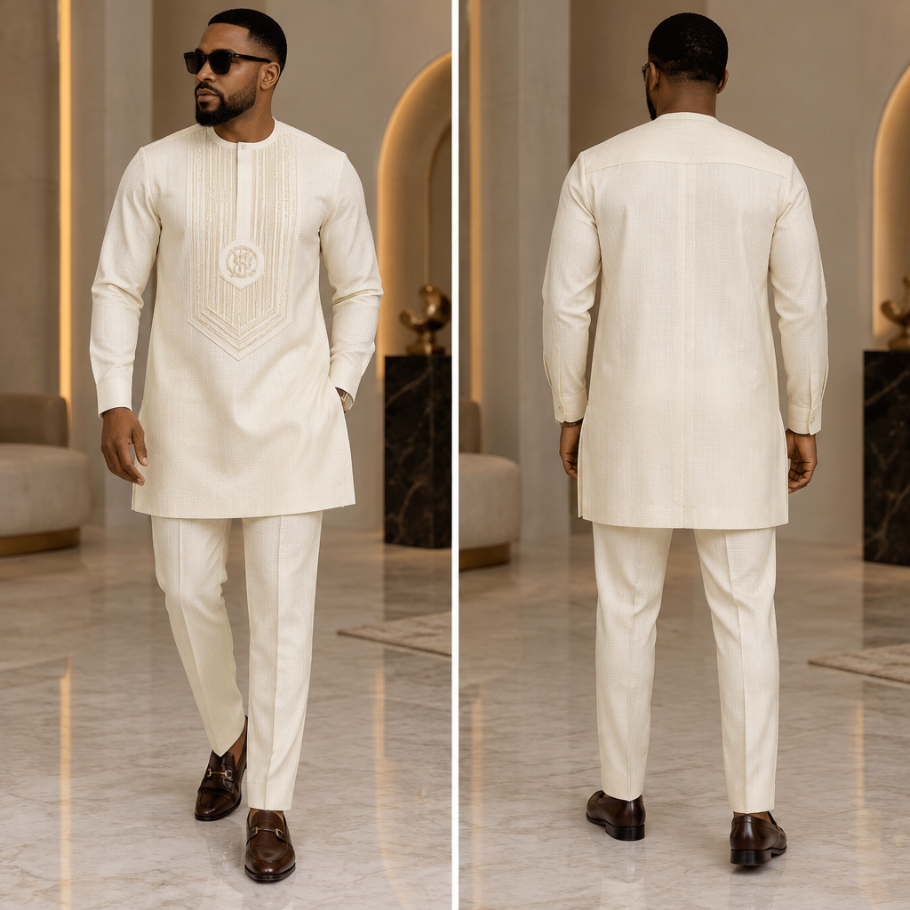 Create an innovative, high-end modern Nigerian native two-piece outfit for a man using the attached milky/off-white Shaders fabric as the exact fabric and color reference.
Design a completely different jumper from the previous design. The top should be a sophisticated, well-tailored native jumper with a distinctive designer-style front construction. Instead of ordinary embroidery running down the chest, create an elegant ornamental front design/panel that gives the jumper a unique identity.
Incorporate a custom monogram into the ornamental design, making it look like part of the overall artwork rather than simply placing a large logo on the chest. The monogram should be original, subtle but noticeable, luxurious, and eye-catching without being too flashy.
Give the jumper long sleeves with clean open/free cuffs. No cufflinks. No agbada. No robe-like appearance.
Pair the jumper with matching modern tailored native trousers. The trousers must have no rope, no drawstring, and no elastic waistband. Use a clean concealed side zipper and/or side-hook fastening instead. Give the trousers a sophisticated, slightly tapered silhouette with an elegant full-length finish.
The overall outfit should have a modern Nigerian luxury-native aesthetic—innovative, masculine, clean, sophisticated, and noticeably different from conventional native outfits. Keep the ornamentation balanced: not too flashy and not too plain.
Use the attached milky Shaders fabric as the main visual reference and show the complete outfit from head to toe on a male model.
photorealistic fashion design, Create an innovative, high-end modern Nigerian native two-piece outfit for a man using the attached milky/off-white Shaders fabric as the exact fabric and color reference.
Design a completely different jumper from the previous design. The top should be a sophisticated, well-tailored native jumper with a distinctive designer-style front construction. Instead of ordinary embroidery running down the chest, create an elegant ornamental front design/panel that gives the jumper a unique identity.
Incorporate a custom monogram into the ornamental design, making it look like part of the overall artwork rather than simply placing a large logo on the chest. The monogram should be original, subtle but noticeable, luxurious, and eye-catching without being too flashy.
Give the jumper long sleeves with clean open/free cuffs. No cufflinks. No agbada. No robe-like appearance.
Pair the jumper with matching modern tailored native trousers. The trousers must have no rope, no drawstring, and no elastic waistband. Use a clean concealed side zipper and/or side-hook fastening instead. Give the trousers a sophisticated, slightly tapered silhouette with an elegant full-length finish.
The overall outfit should have a modern Nigerian luxury-native aesthetic—innovative, masculine, clean, sophisticated, and noticeably different from conventional native outfits. Keep the ornamentation balanced: not too flashy and not too plain.
Use the attached milky Shaders fabric as the main visual reference and show the complete outfit from head to toe on a male model., just the design no text, show front and back