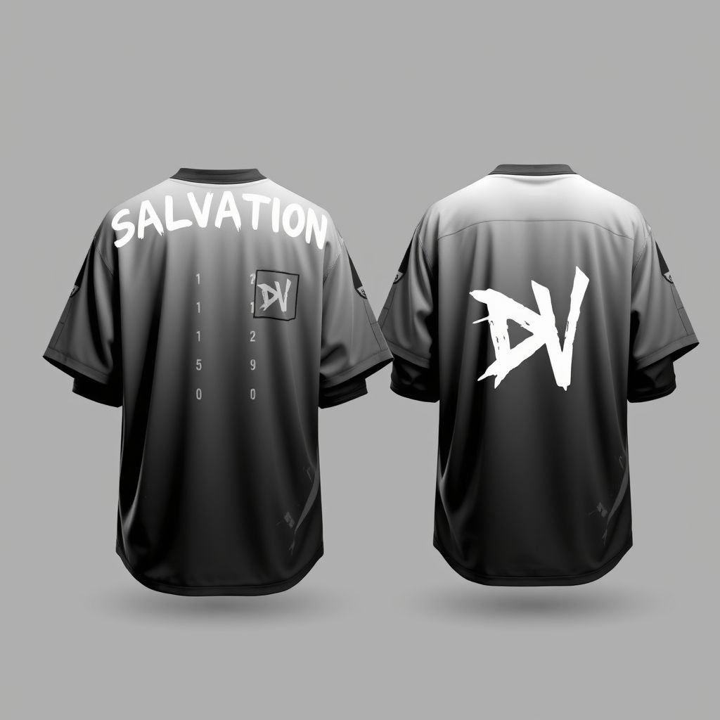 Men’s Shirt. Short sleeve with long sleeve under. With salvation across shoulders on back of shirt. Grey on grey, dark grey/light grey. Oversized streetwear shirt, with light graffiti on it. With “DV” on front in top left. Show both front and back.
Design an oversized men's streetwear shirt featuring short sleeves layered over long sleeves. The back boasts the bold word "Salvation" across the shoulders, enhanced by a gradient of dark and light grey tones. Incorporate subtle light graffiti accents throughout the fabric, with a prominent "DV" logo on the front left chest. Showcase both the edgy front and striking back designs to capture urban aesthetic and self-expression.